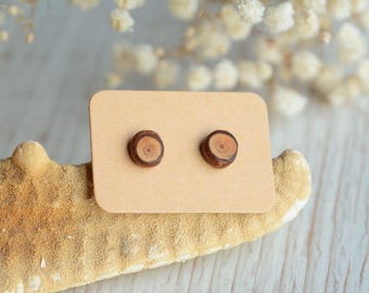 Winziger Unisex Holz Ohrstecker, natürlicher minimalistischer Rohschmuck mit Sterling Silber