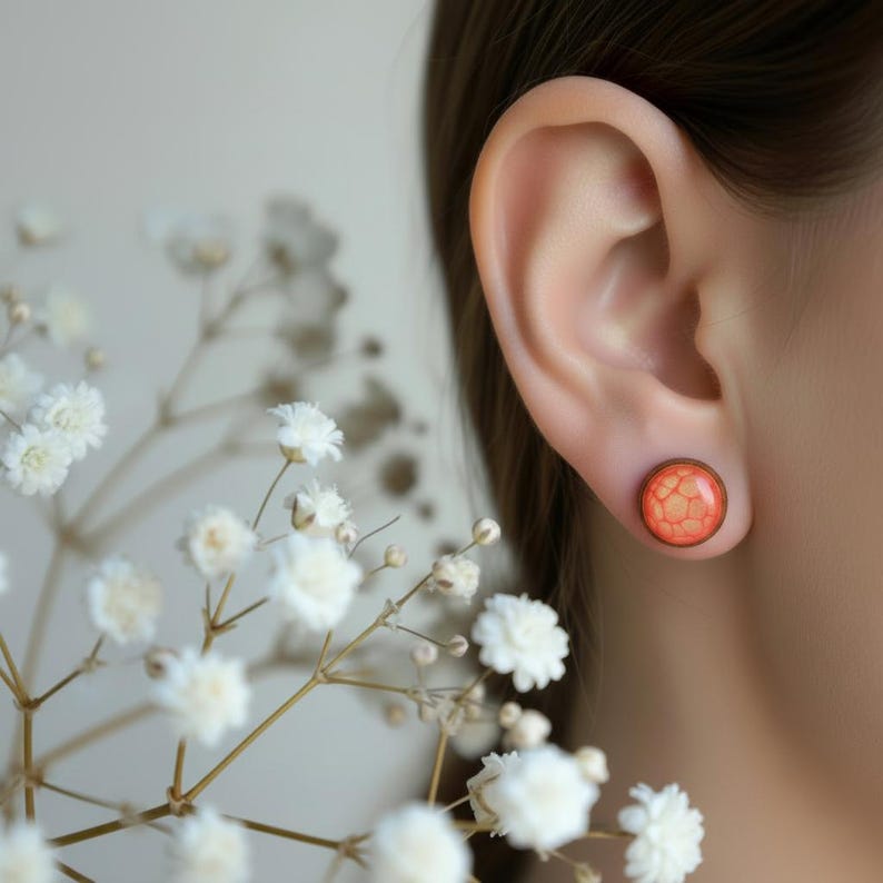 Red earrings, Hand painted red ear studs made from wood, Red post earrings, Upcycled wood jewelry stud earrings image 3