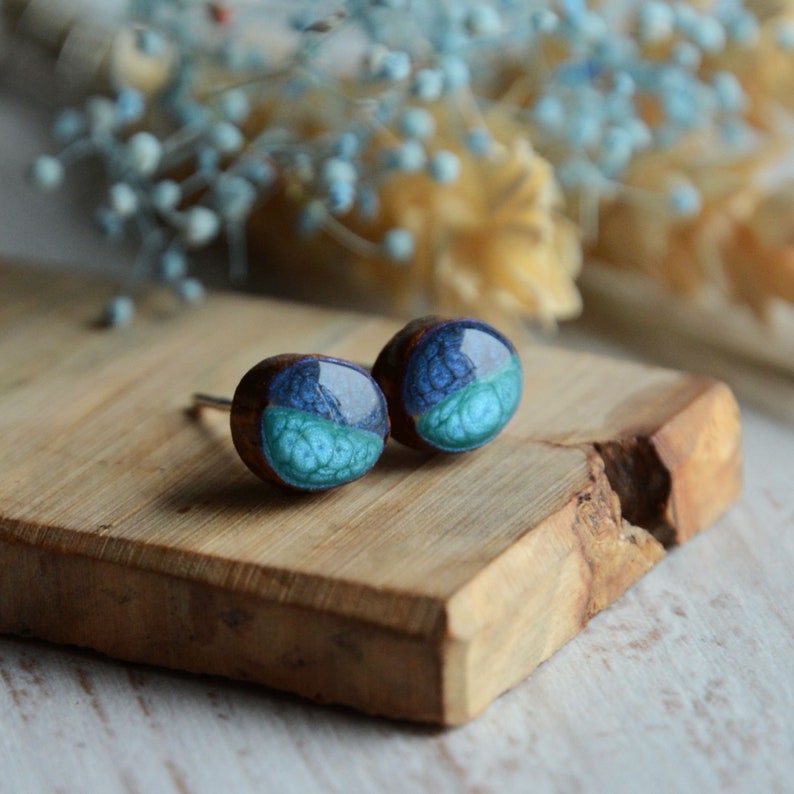 Shades of blue ocean earrings, tiny blue and teal up cycled wood ear studs made from recycled tree branch with sterling silver posts jewelry image 4
