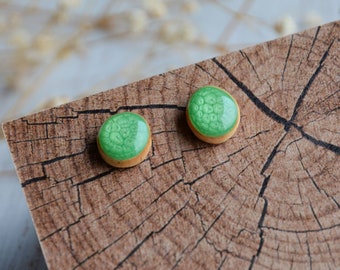 Emerald green stud earrings, Hand painted jewelry, Wood and sterling silver studs, Sparkling pearly green earrings