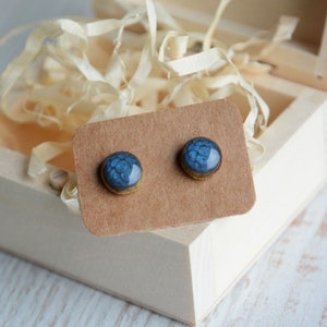 Dark shades of blue stud earrings, Hand painted wooden ear studs, Unique jewelry image 1