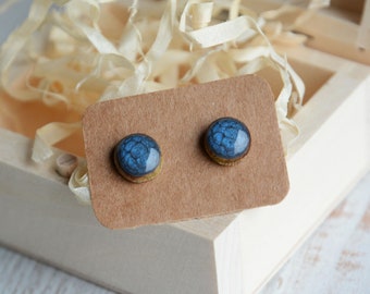 Dark shades of blue stud earrings, Hand painted wooden ear studs, Unique jewelry