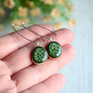 Long dark green dangle earrings hand painted on wood with sterling silver wires, Unique and lightweight everyday earrings, Gift for her image 3