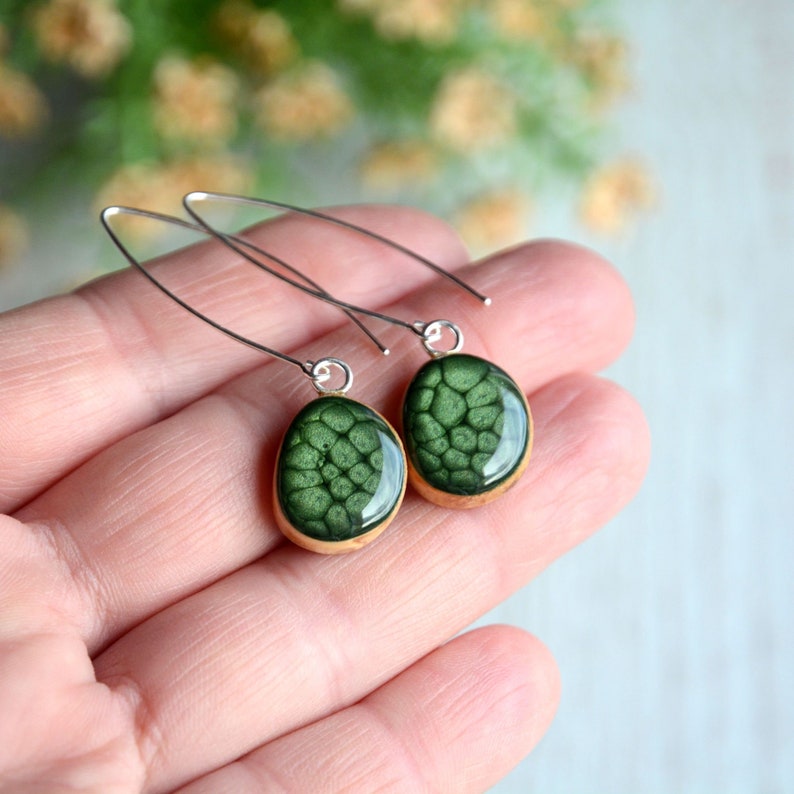 Long dark green dangle earrings hand painted on wood with sterling silver wires, Unique and lightweight everyday earrings, Gift for her image 3