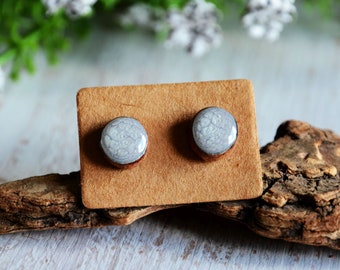 Grey ear studs hand painted on wood slices with sterling silver posts - Minimal jewelry in wooden box by MyPieceOfWood