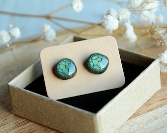 Green stud earrings, Wooden studs posts hand painted leafy green, Woodland jewelry, Forest jewelry gift idea