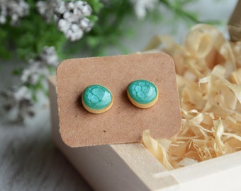Turquoise light blue ear studs, Sea green earrings painted on reclaimed wood with sterling silver posts
