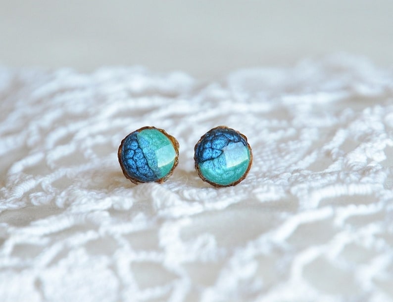 Shades of blue ocean earrings, tiny blue and teal up cycled wood ear studs made from recycled tree branch with sterling silver posts jewelry image 1