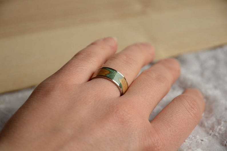 Flat ring with wood and green inlay wood and steel ring anniversary band ring ready for shipping size 6,5 stainless steel wooden band