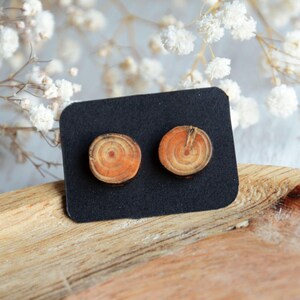 May include: A pair of wooden earrings with a natural wood grain pattern. The earrings are round and have a light brown color with orange and red rings.