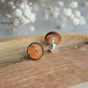 May include: A pair of wooden earrings with a natural wood grain pattern. The earrings are round and have a silver post.
