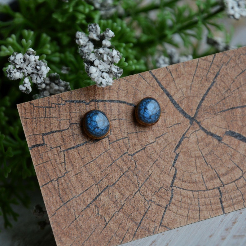 Dark shades of blue stud earrings, Hand painted wooden ear studs, Unique jewelry image 2