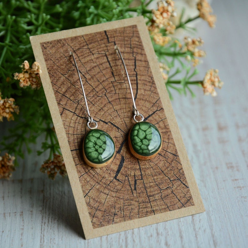 Long dark green dangle earrings hand painted on wood with sterling silver wires, Unique and lightweight everyday earrings, Gift for her image 1