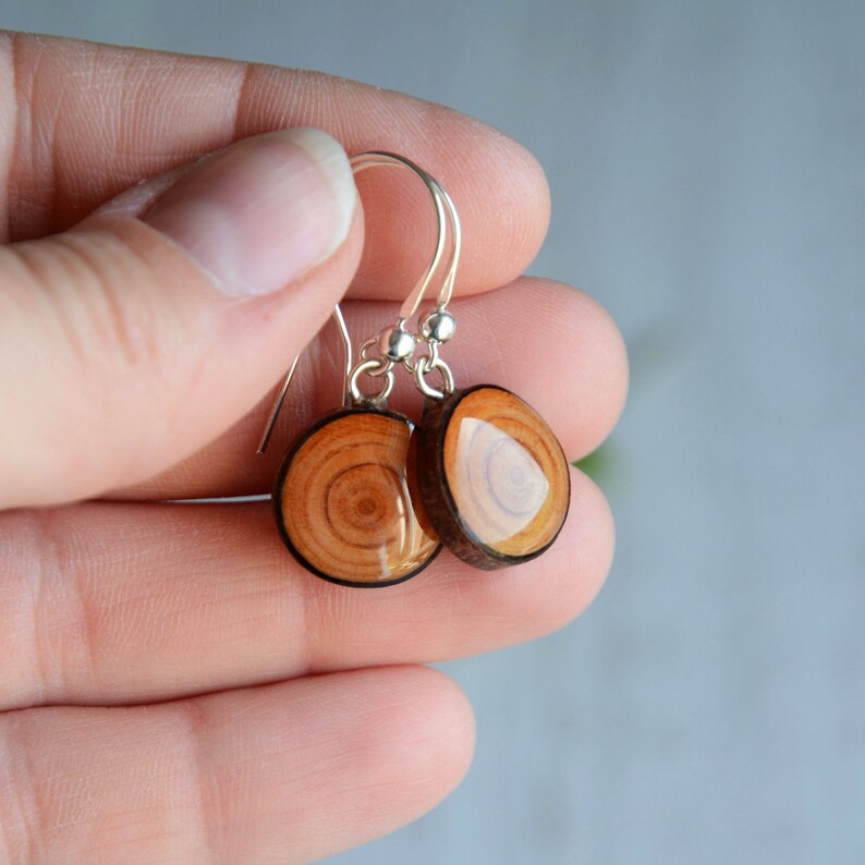 ecofriendly OOAK earrings natural earth tones jewelry handmade from reclaimed wood Minimalist wooden dangle earrings with silver