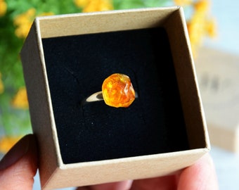 Natural Amber ring with untreated nugget and sterling silver, Genuine Baltic Amber stone adjustable size ring, Yellow orange amber jewelry