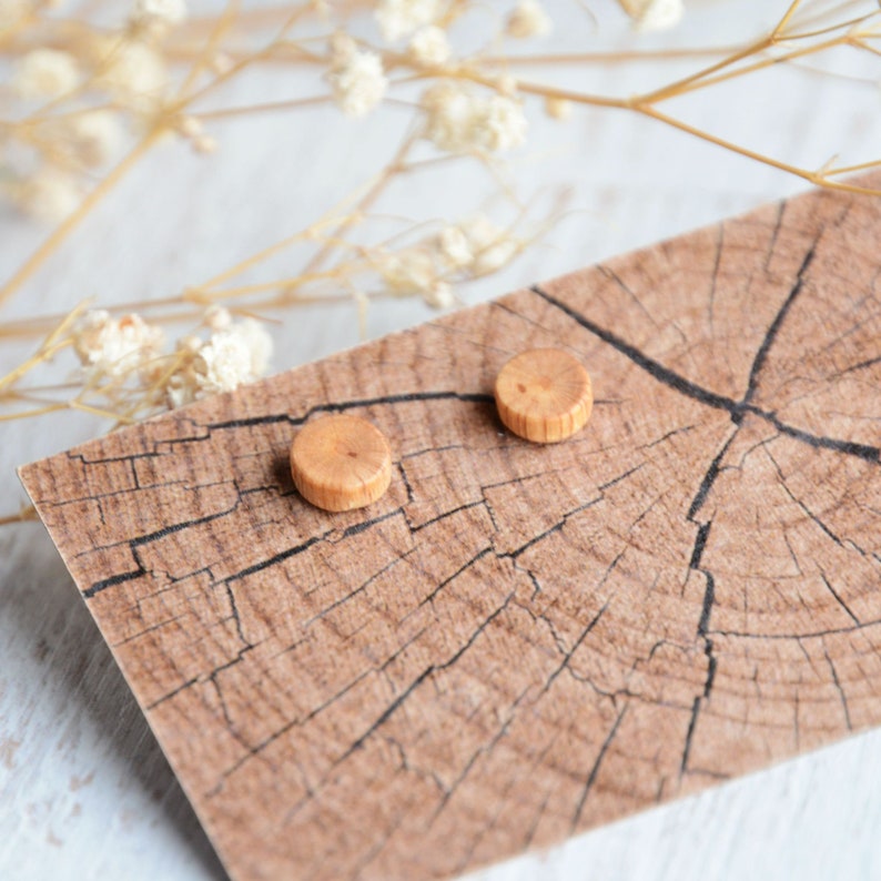 K&ouml;nnte beinhalten: Zwei kleine, runde Holzstecker-Ohrringe. Die Ohrringe sind hellbraun und liegen auf einer Karte mit Holzmaserung. Der Hintergrund umfasst getrocknete Blumen und eine wei&szlig;e Oberfl&auml;che.