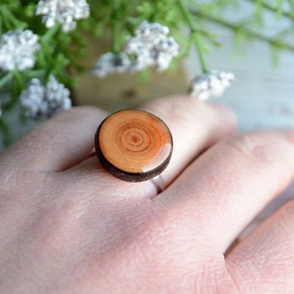 Natural wooden ring adjustable size, woodland jewelry with sterling silver, piece of nature jewellery, forest lover gift idea