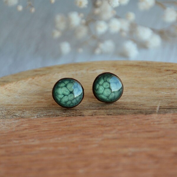 Green ear studs, Wooden studs posts, Wood post earrings, Hand painted shades of green earrings, Natural shape earrings, Recycled wood