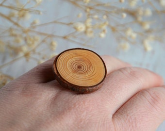 Statement wood ring adjustable size, Woodland forest gift for her, Sterling silver ring with natural wooden gem, Ring in gift box