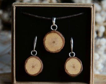 Conjunto de joyas de madera de roble natural, conjunto de joyas con pendientes y colgantes de madera, joyas de madera y plata de ley, regalos para amantes de la naturaleza