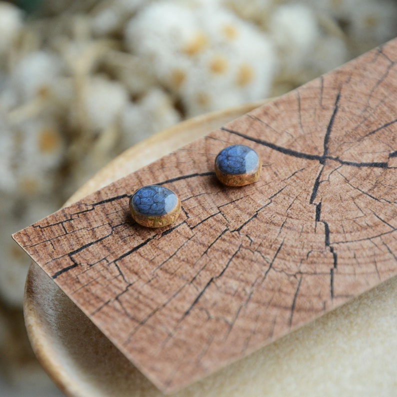 Dark shades of blue stud earrings, Hand painted wooden ear studs, Unique jewelry image 6