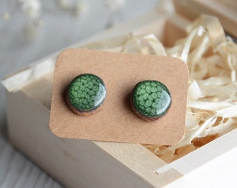 Green stud earrings made of wooden tree branch and sterling silver posts, Hand painted forest jewelry with wooden gift box