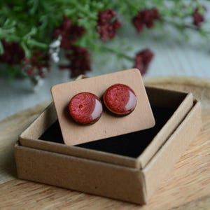 Dark cherry red hand painted stud earrings, Wood ear studs, Natural wooden jewelry, Sterling silver and wood post earrings