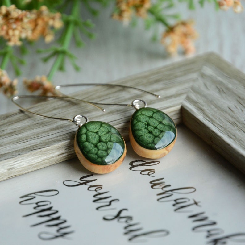 Long dark green dangle earrings hand painted on wood with sterling silver wires, Unique and lightweight everyday earrings, Gift for her image 2