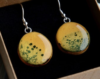 Green and Yellow Statement Earrings, Handmade Wooden Dangles with Sterling Silver Hooks, Boho Chic Handmade Earrings