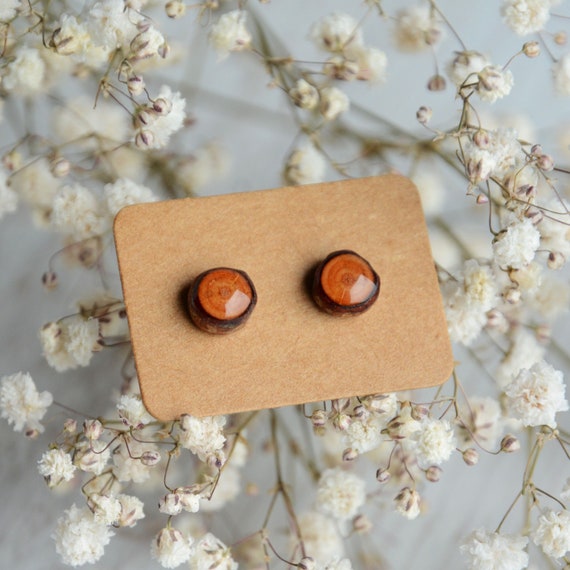 Wooden ear studs with rings, Woodland jewelry, Natural wood jewellery in gift box, Forest gifts, Festival fashion