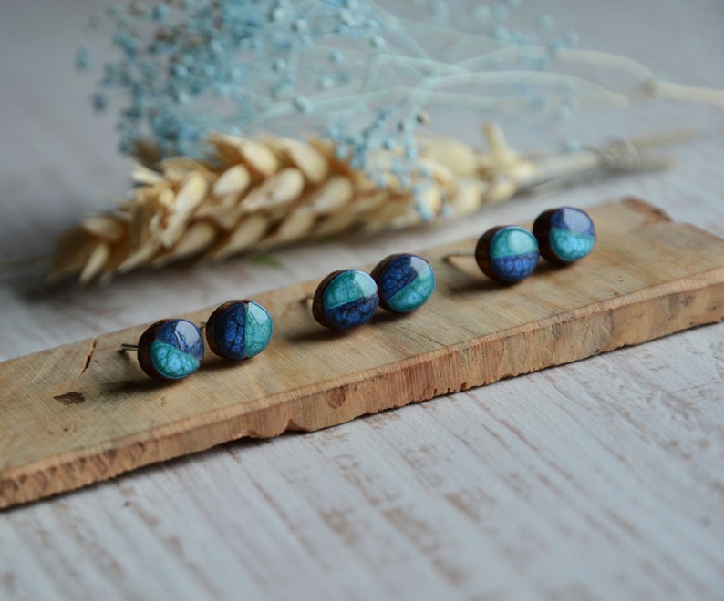 Shades of blue ocean earrings, tiny blue and teal up cycled wood ear studs made from recycled tree branch with sterling silver posts jewelry image 7