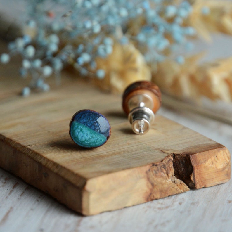 Shades of blue ocean earrings, tiny blue and teal up cycled wood ear studs made from recycled tree branch with sterling silver posts jewelry image 5
