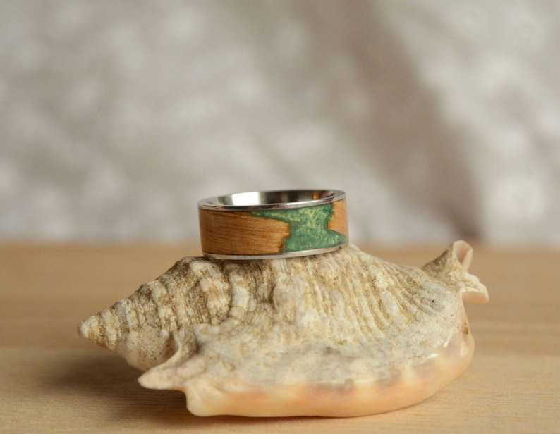 Flat ring with wood and green inlay wood and steel ring anniversary band ring ready for shipping size 6,5 stainless steel wooden band