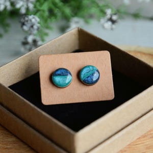 Blue wooden studs, Wood ear post earrings, Hand painted studs, Recycled wooden jewelry, Shades of blue  earrings