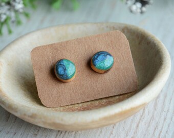 Blue wooden studs, Shades of blue earrings, Hand painted wood ear studs, Natural organic jewelry, Unique earrings for her