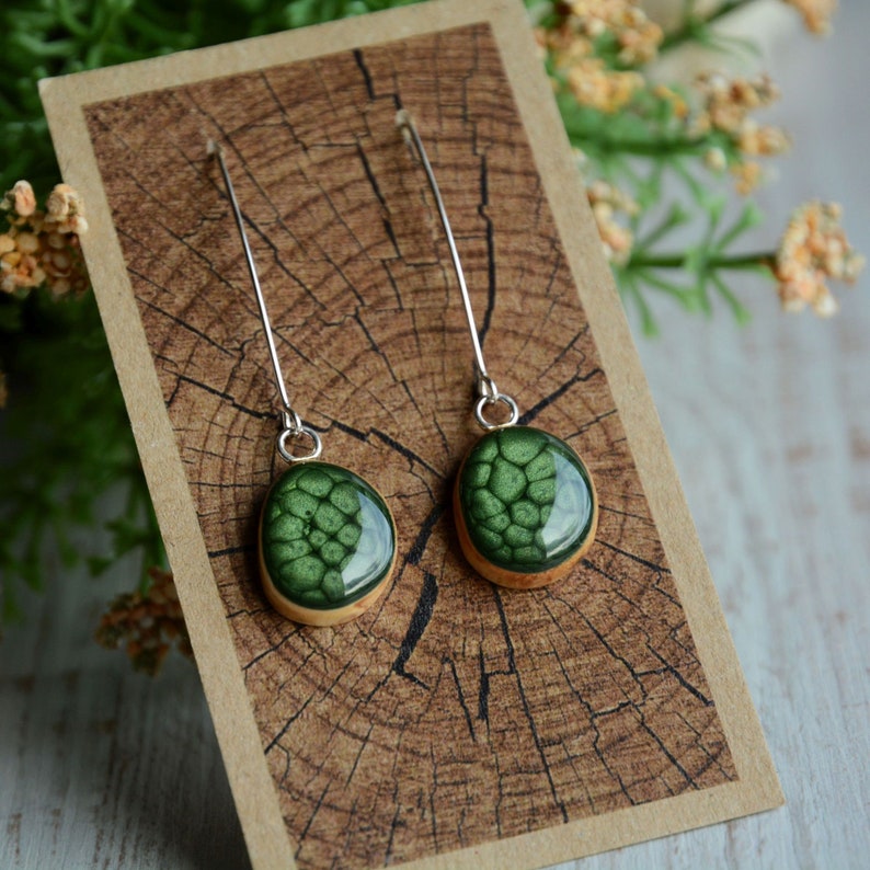 Long dark green dangle earrings hand painted on wood with sterling silver wires, Unique and lightweight everyday earrings, Gift for her image 4