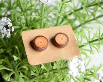 Minimalist natural earrings made from reclaimed wood slices with sterling silver backings, Earth tones jewelry, Simple ear studs