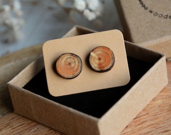 Raw rustic wood studs earrings with sterling silver posts, Irregular shape organic ear studs, Wooden jewelry ecofriendly gift