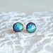 Shades of blue ocean earrings, tiny blue and teal up cycled wood ear studs made from recycled tree branch with sterling silver posts jewelry 