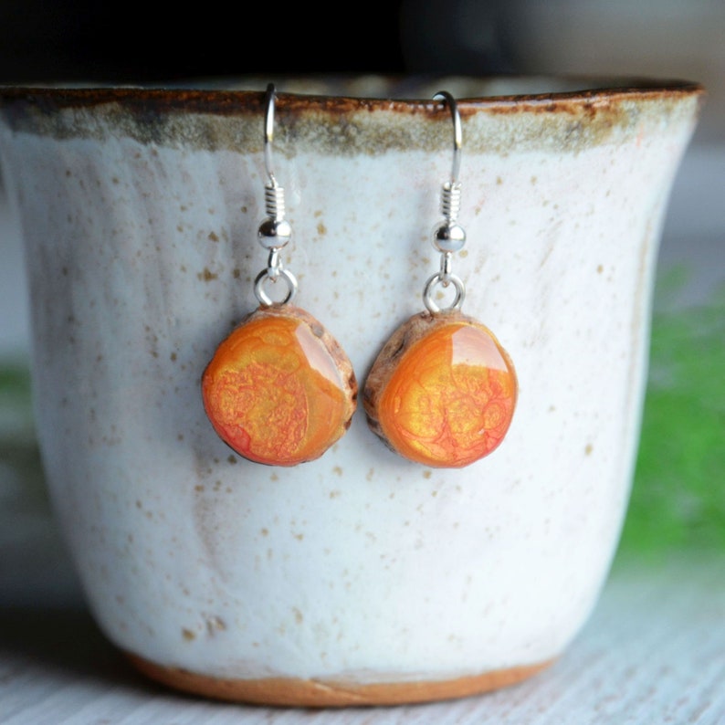 Sunny orange dangle earrings, Desert inspired earrings, Hand painted jewelry, Reclaimed timber and sterling silver, Abstract jewellery image 3