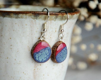 Hand painted blue pink earrings - Lightweight dangle earrings - Unique gift for her