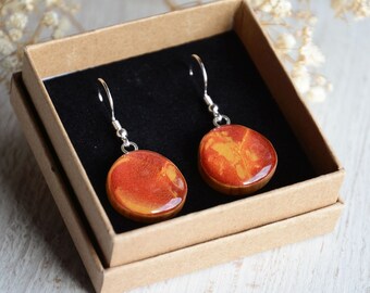 Dangle earrings inspired by burning flame - Hand painted wood and sterling silver jewelry - Red and orange jewelry