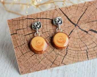Handmade wooden jewelry gift, Elegant wood drop earrings with rose, Silver and wood earrings, Wooden dangle earrings, Nature jewelry for her