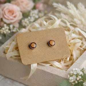 Tiny wooden ear studs, 5 mm natural stud earrings made from organic wood, Small jewelry gift in wooden box