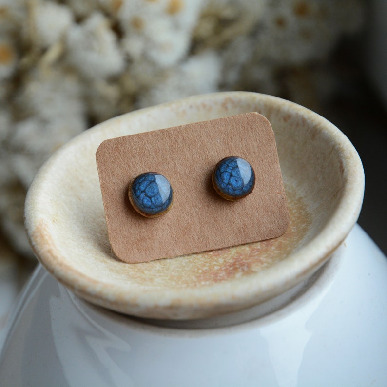 Dark shades of blue stud earrings, Hand painted wooden ear studs, Unique jewelry image 8