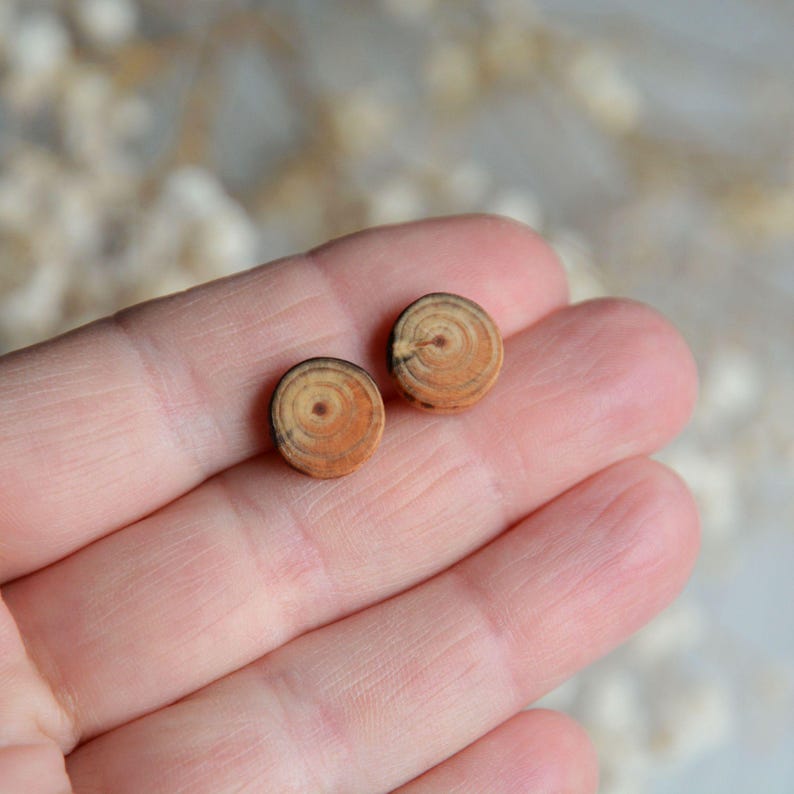 May include: A pair of wooden earrings with a natural wood grain pattern. The earrings are round and have a light brown color with darker brown rings.