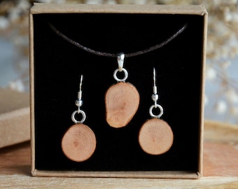 Conjunto de joyas de madera de haya natural, Conjunto de joyas con pendientes y colgantes de madera, Joyas elaboradas con madera y plata de ley, Regalos para amantes de la naturaleza