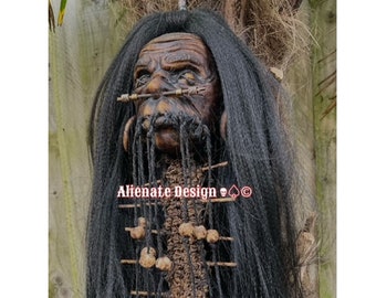 SHRUNKEN HEAD. Tsantsa. Skull. Jivaro. Headhunter. Trophy skull. Replica. Prop. Horror. Halloween. Voodoo. Tiki. Hot rod.. Custom car .