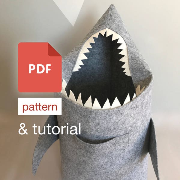 Laundry hamper pattern - PDF Sewing Pattern / Tutorial - Toy storage basket in shark shape. Kids room decore in animal shape. Toy bin.