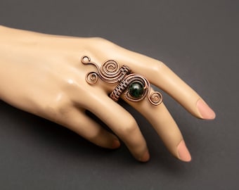 Handmade Copper ring ,copper ring-adjustable, wire wrapped dark green jasper ring